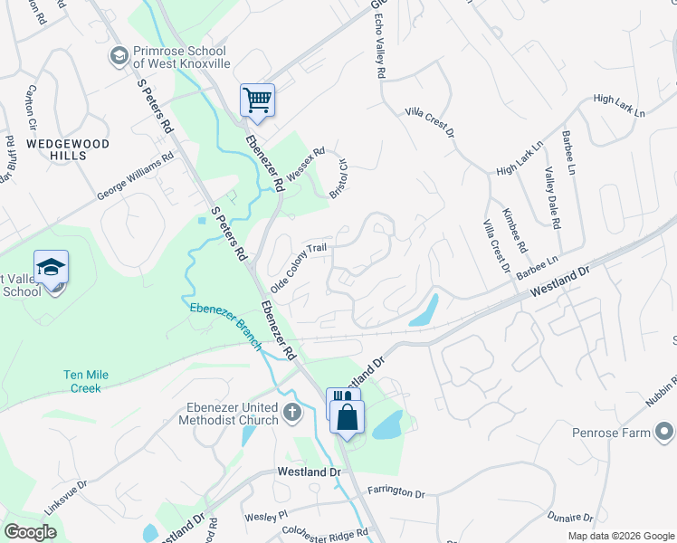 map of restaurants, bars, coffee shops, grocery stores, and more near 8661 Olde Colony Trail in Knoxville