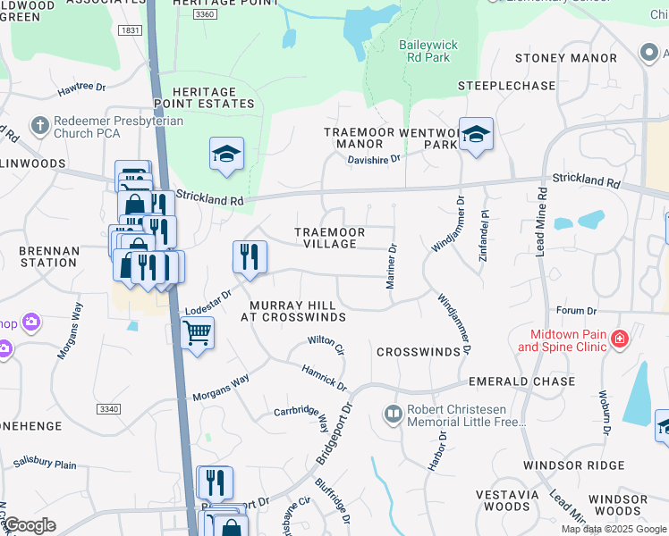 map of restaurants, bars, coffee shops, grocery stores, and more near 1900 Lodestar Drive in Raleigh