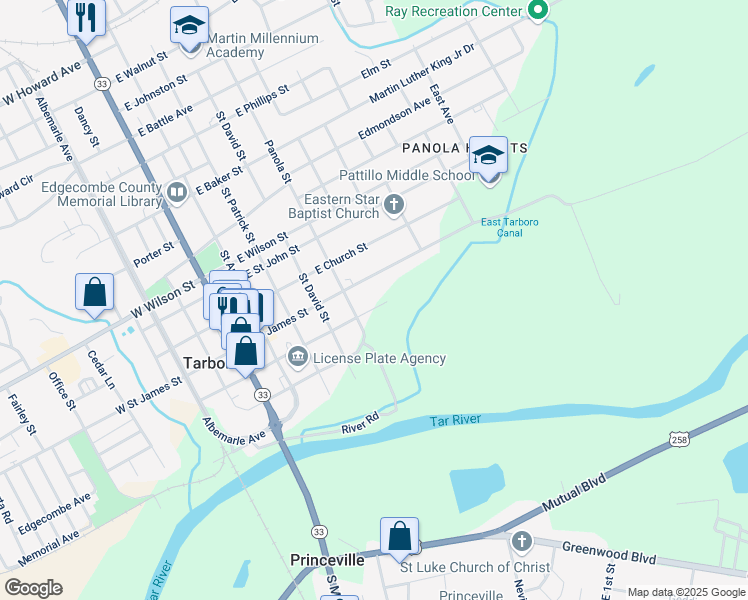 map of restaurants, bars, coffee shops, grocery stores, and more near 514 East Pitt Street in Tarboro