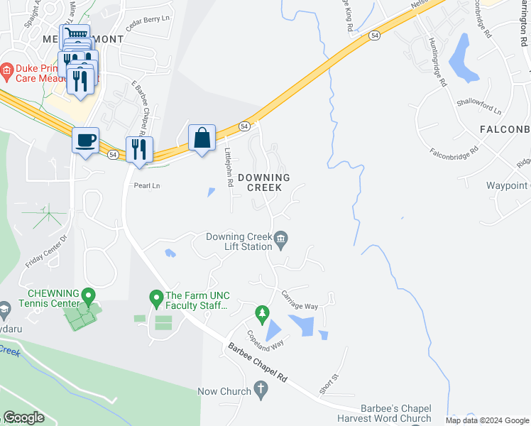 map of restaurants, bars, coffee shops, grocery stores, and more near 27 Forest Glen Drive in Chapel Hill