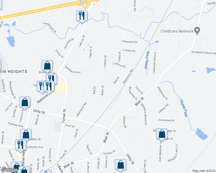 map of restaurants, bars, coffee shops, grocery stores, and more near 204 Bell Drive in Thomasville