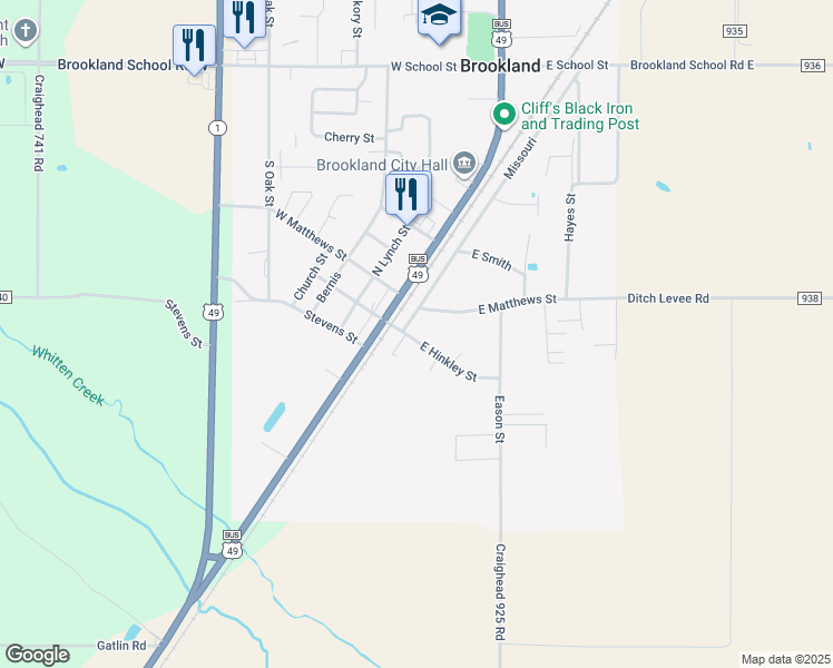 map of restaurants, bars, coffee shops, grocery stores, and more near 105 East Hinkley Street in Brookland