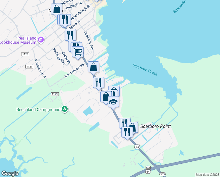 map of restaurants, bars, coffee shops, grocery stores, and more near 1103 South Bay Club Drive in Manteo
