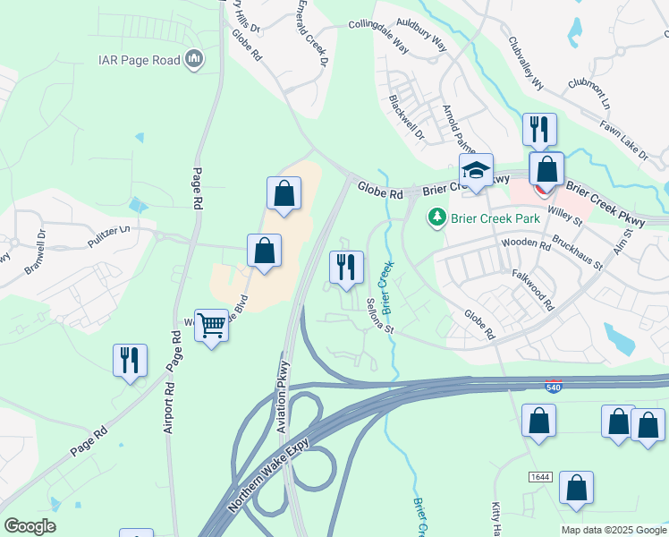 map of restaurants, bars, coffee shops, grocery stores, and more near 10835 Broadview Drive in Raleigh