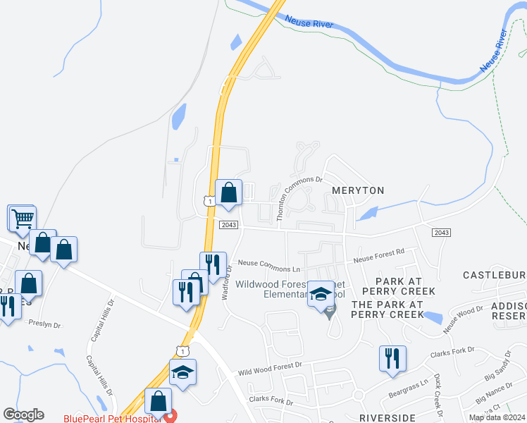 map of restaurants, bars, coffee shops, grocery stores, and more near 8811 Commons Townes Drive in Raleigh