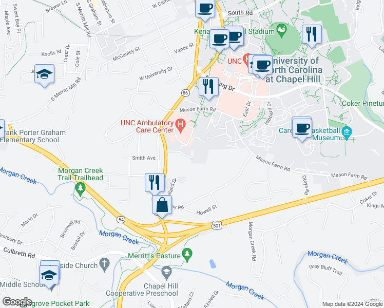map of restaurants, bars, coffee shops, grocery stores, and more near 300 Chase Avenue in Chapel Hill
