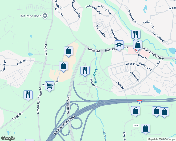 map of restaurants, bars, coffee shops, grocery stores, and more near 9934 Sellona Street in Morrisville