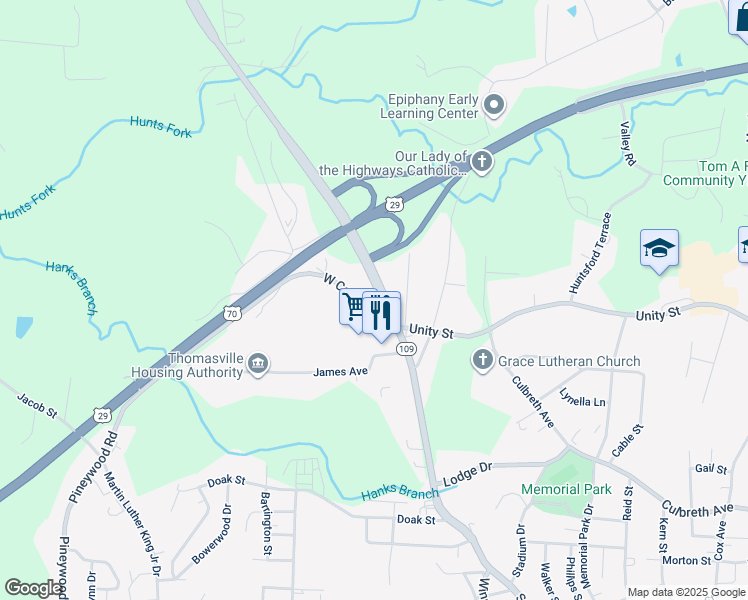 map of restaurants, bars, coffee shops, grocery stores, and more near 906 Robinhood Road in Thomasville