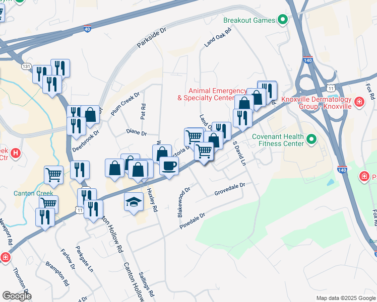 map of restaurants, bars, coffee shops, grocery stores, and more near 104 Cynthia Lane in Knoxville