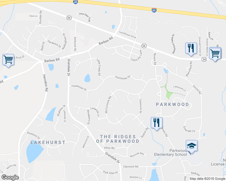 map of restaurants, bars, coffee shops, grocery stores, and more near 5114 McCormick Road in Durham