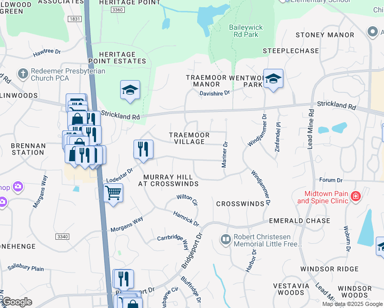 map of restaurants, bars, coffee shops, grocery stores, and more near 1900 Lodestar Drive in Raleigh