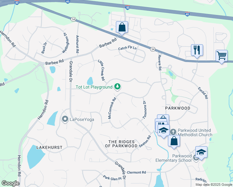 map of restaurants, bars, coffee shops, grocery stores, and more near 5114 McCormick Road in Durham