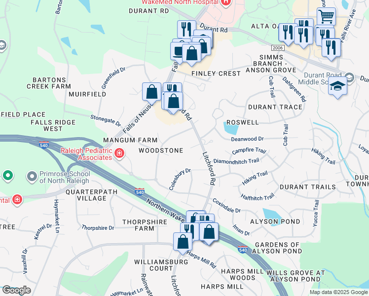 map of restaurants, bars, coffee shops, grocery stores, and more near 8901 Brookstone Court in Raleigh
