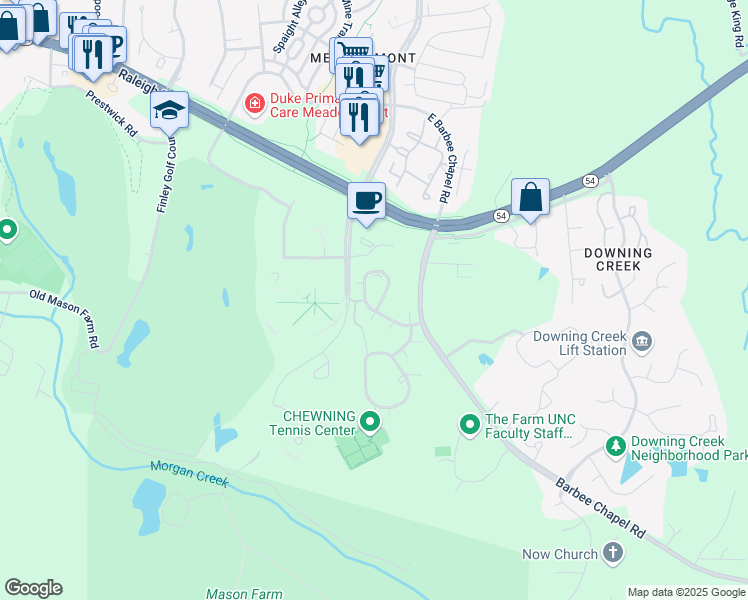 map of restaurants, bars, coffee shops, grocery stores, and more near 303 Brookberry Circle in Chapel Hill