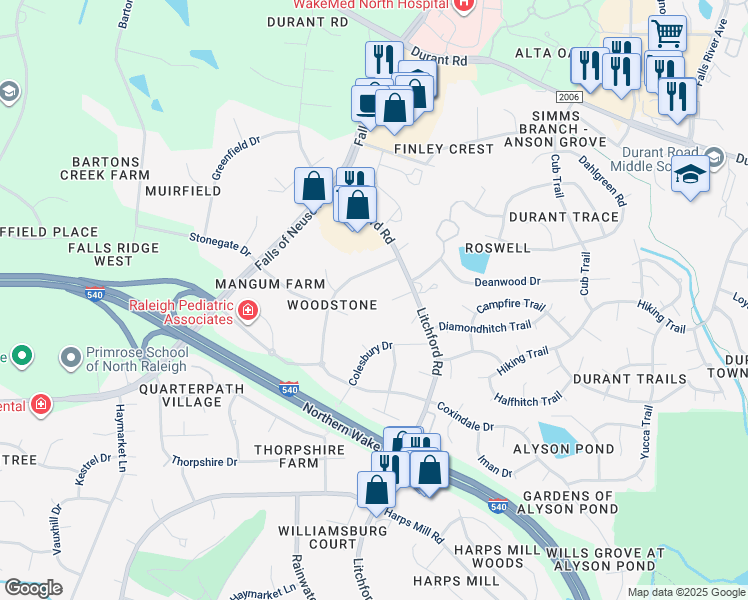 map of restaurants, bars, coffee shops, grocery stores, and more near 8901 Brookstone Court in Raleigh