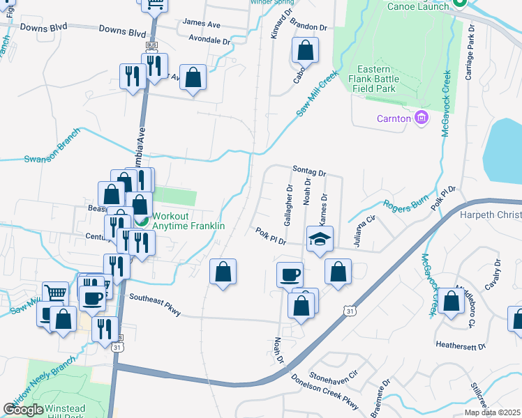 map of restaurants, bars, coffee shops, grocery stores, and more near 100 McCallister Court in Franklin