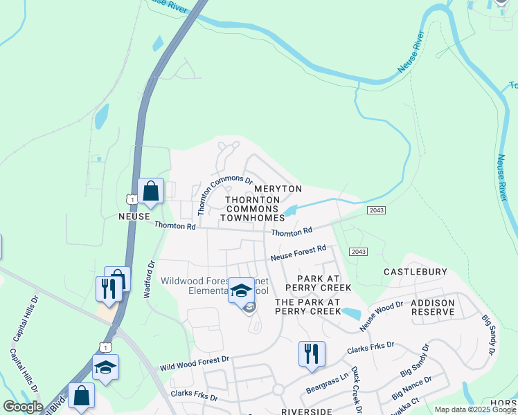 map of restaurants, bars, coffee shops, grocery stores, and more near 5131 Thornton Noll Way in Raleigh