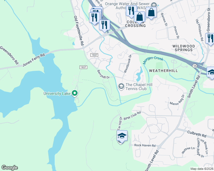 map of restaurants, bars, coffee shops, grocery stores, and more near 203 Rose Walk Lane in Carrboro