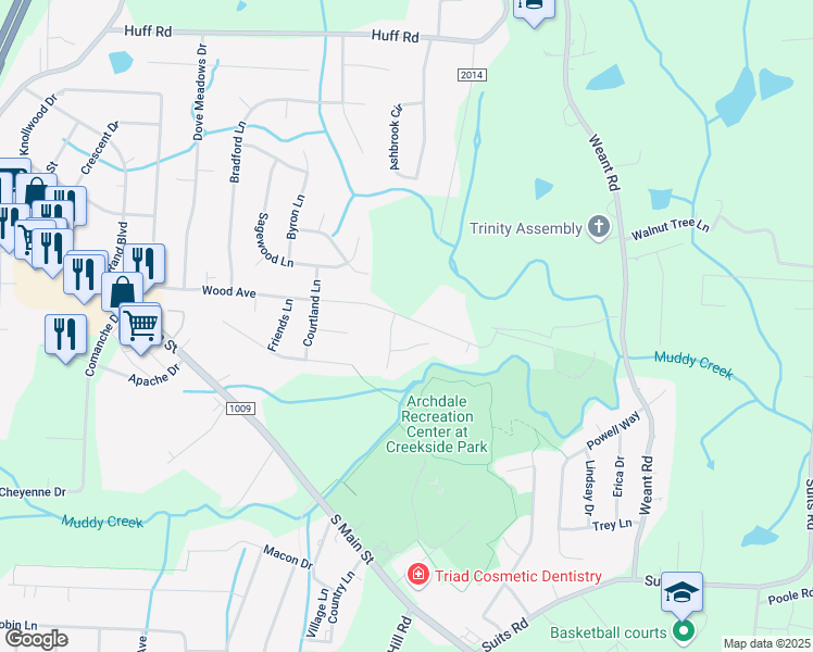 map of restaurants, bars, coffee shops, grocery stores, and more near 3827 Wood Avenue in Archdale