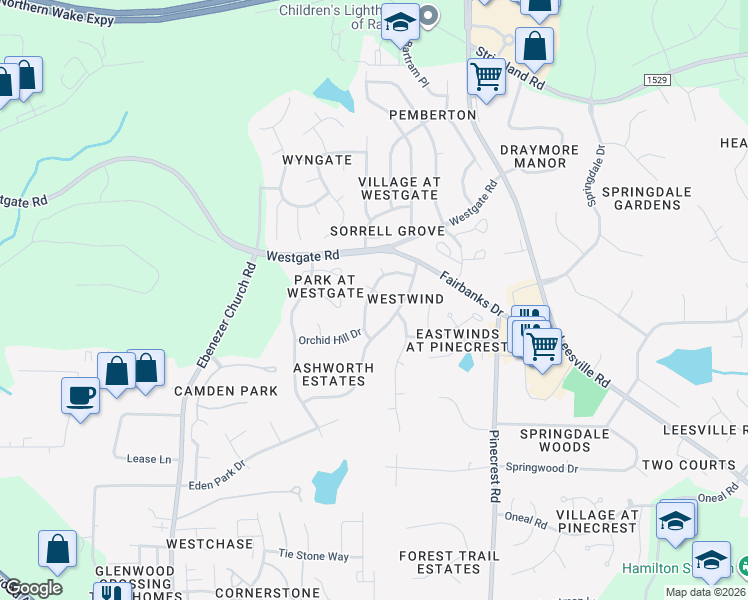 map of restaurants, bars, coffee shops, grocery stores, and more near 8409 Largo Springs Court in Raleigh