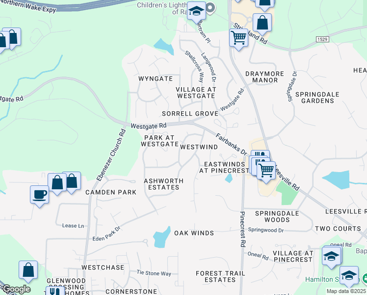 map of restaurants, bars, coffee shops, grocery stores, and more near 8409 Largo Springs Court in Raleigh