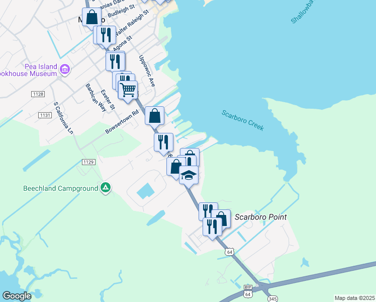 map of restaurants, bars, coffee shops, grocery stores, and more near 1121 South Bay Club Drive in Manteo