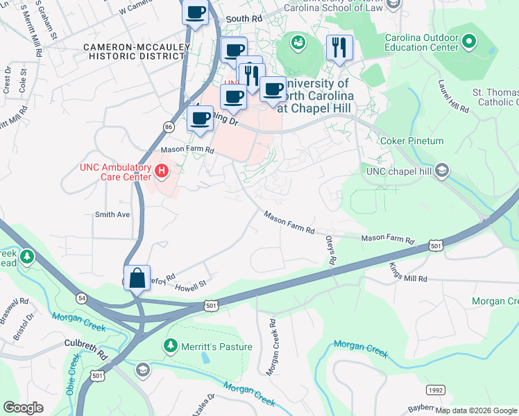 map of restaurants, bars, coffee shops, grocery stores, and more near Mason Farm Rd & Purefoy Rd in Chapel Hill
