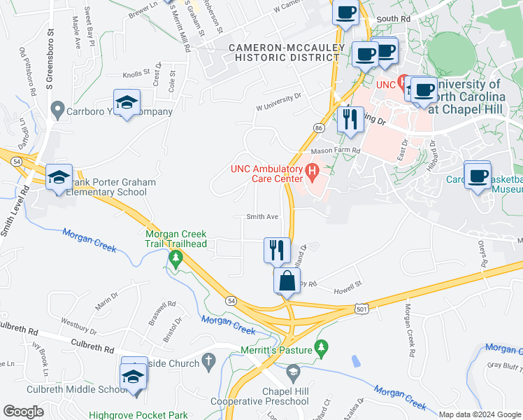 map of restaurants, bars, coffee shops, grocery stores, and more near 811 Woodland Avenue in Chapel Hill