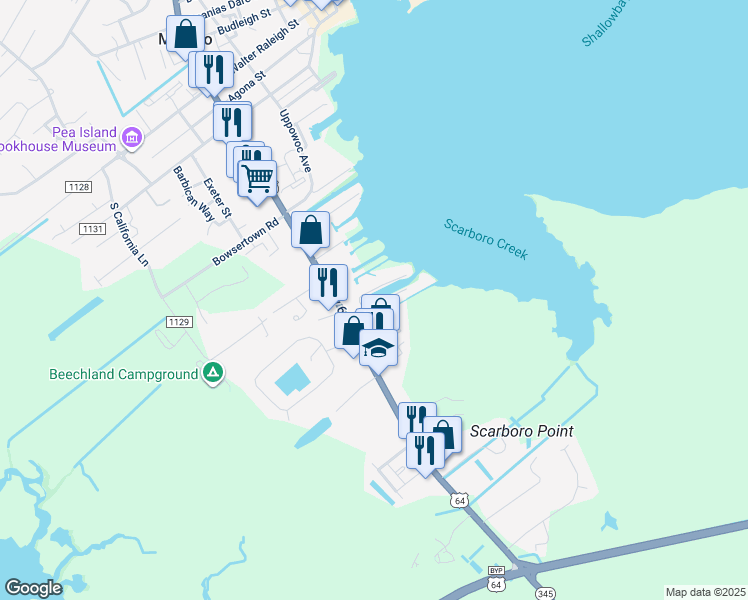 map of restaurants, bars, coffee shops, grocery stores, and more near 1121 South Bay Club Drive in Manteo