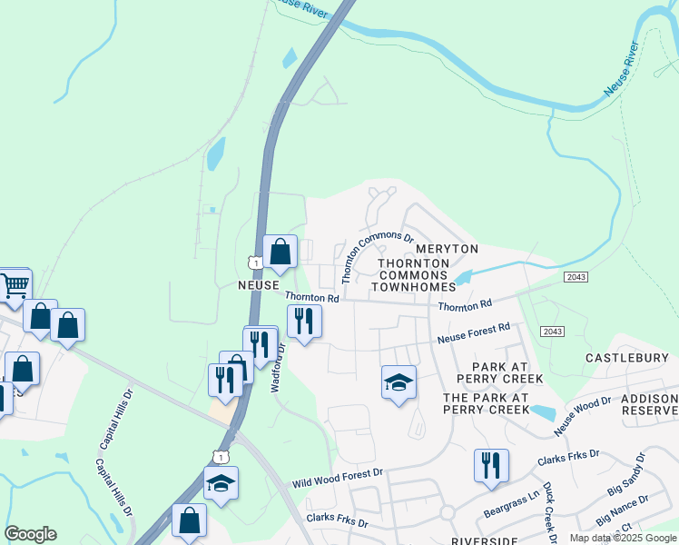 map of restaurants, bars, coffee shops, grocery stores, and more near 8886 Commons Townes Drive in Raleigh