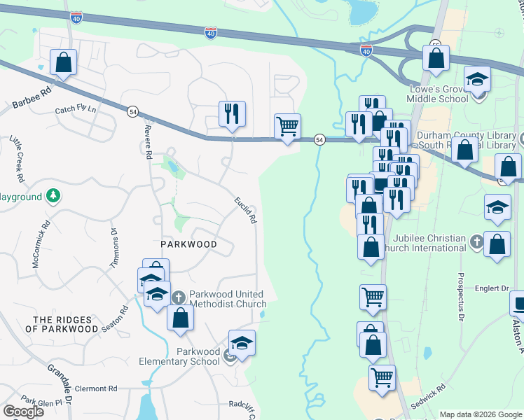map of restaurants, bars, coffee shops, grocery stores, and more near 5 Custer Circle in Durham