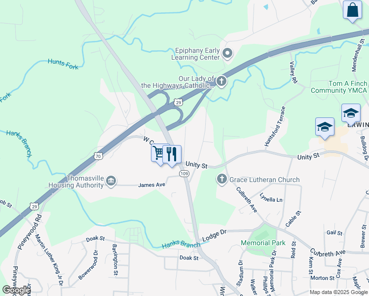 map of restaurants, bars, coffee shops, grocery stores, and more near Robinhood Road in Thomasville
