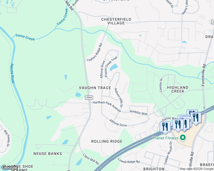 map of restaurants, bars, coffee shops, grocery stores, and more near 3521 Althorp Drive in Raleigh