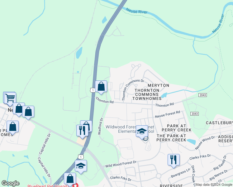 map of restaurants, bars, coffee shops, grocery stores, and more near 8807 Commons Townes Drive in Raleigh