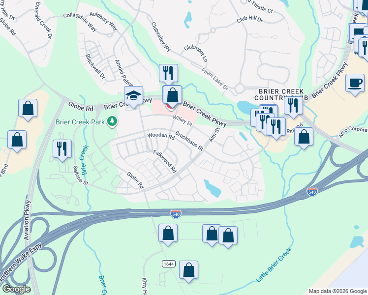 map of restaurants, bars, coffee shops, grocery stores, and more near 9128 Wooden Road in Raleigh