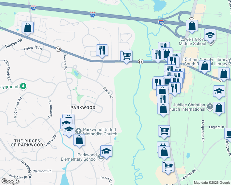 map of restaurants, bars, coffee shops, grocery stores, and more near 5 Custer Circle in Durham