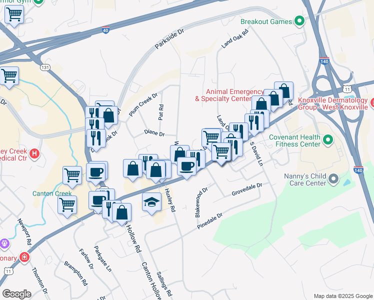 map of restaurants, bars, coffee shops, grocery stores, and more near 124 Wakefield Road in Knoxville
