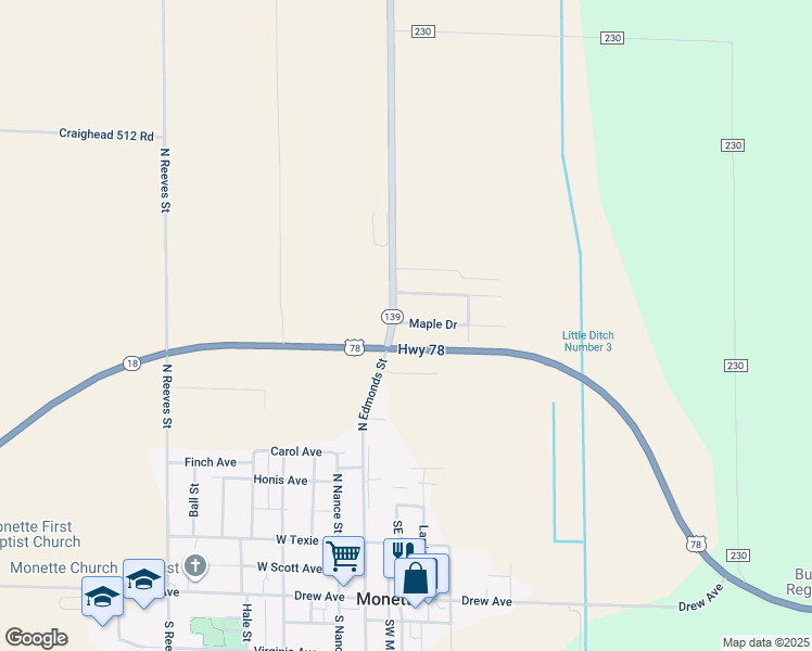 map of restaurants, bars, coffee shops, grocery stores, and more near 106 Maple Drive in Monette