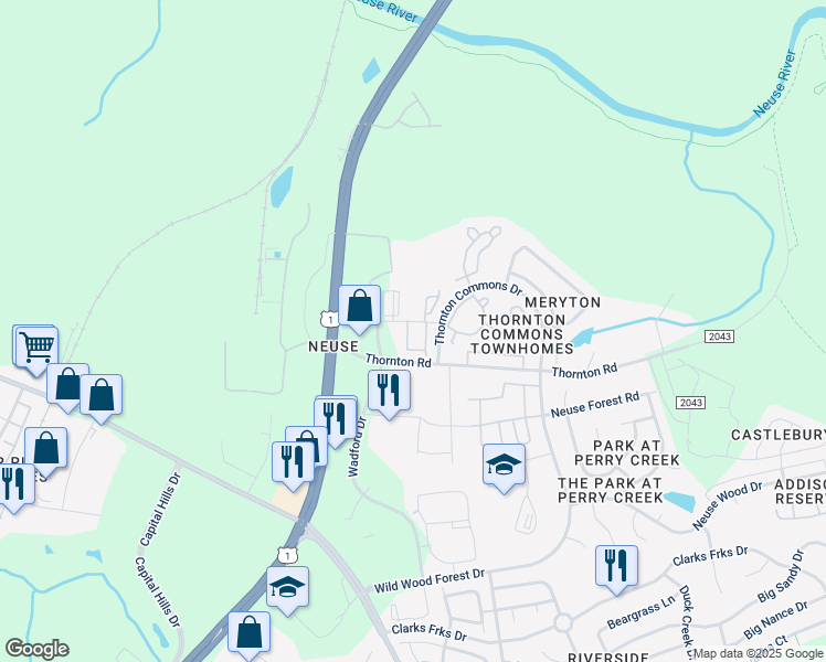 map of restaurants, bars, coffee shops, grocery stores, and more near 8807 Commons Townes Drive in Raleigh
