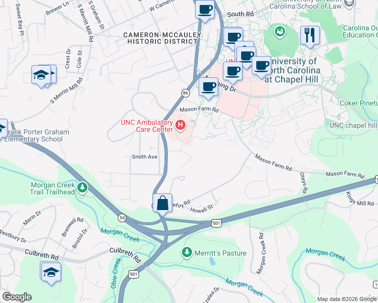 map of restaurants, bars, coffee shops, grocery stores, and more near 105 Chase Avenue in Chapel Hill