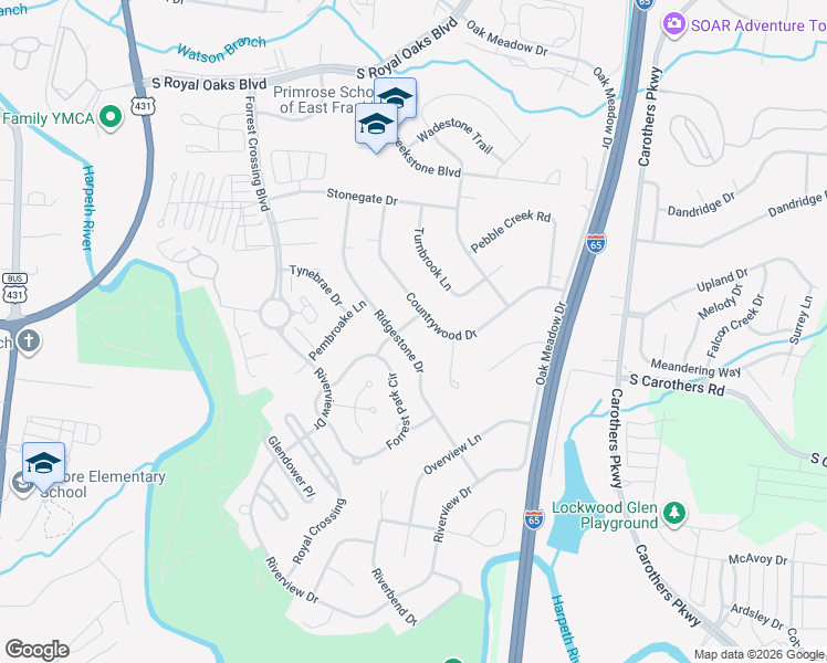 map of restaurants, bars, coffee shops, grocery stores, and more near 710 Countrywood Drive in Franklin