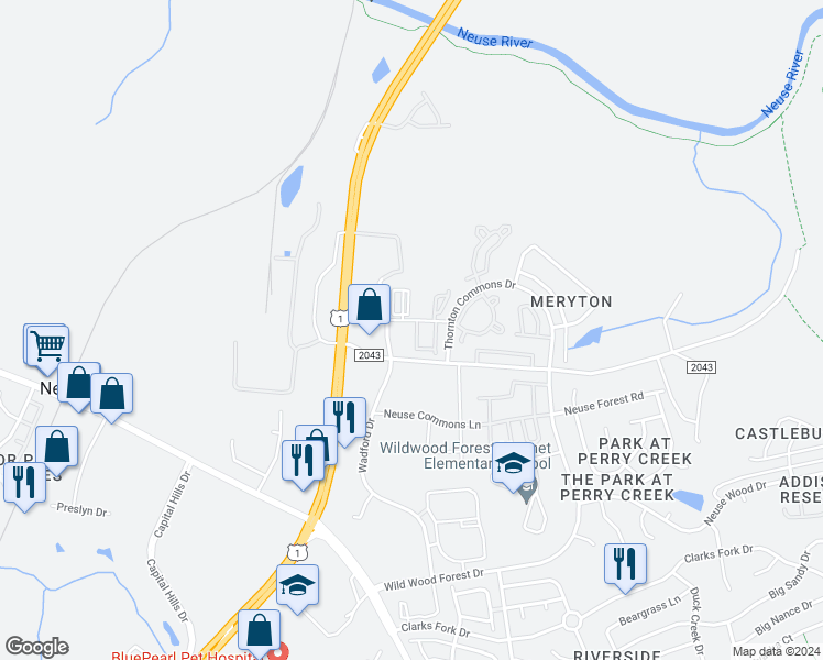 map of restaurants, bars, coffee shops, grocery stores, and more near 8808 Commons Townes Drive in Raleigh