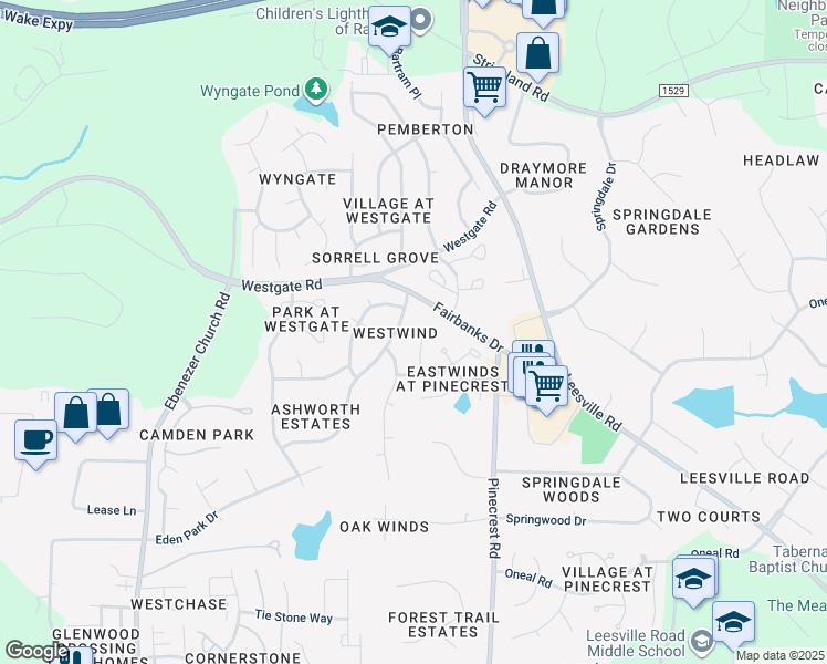 map of restaurants, bars, coffee shops, grocery stores, and more near 8527 Guerro Court in Raleigh