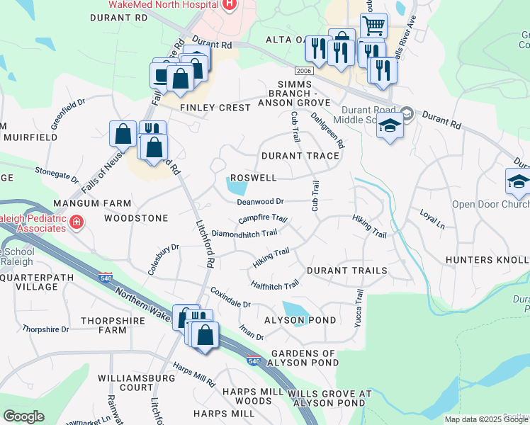 map of restaurants, bars, coffee shops, grocery stores, and more near 8837 Campfire Trail in Raleigh
