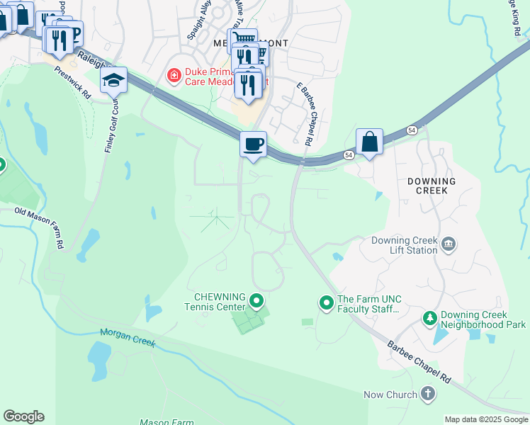 map of restaurants, bars, coffee shops, grocery stores, and more near 329 Brookberry Circle in Chapel Hill