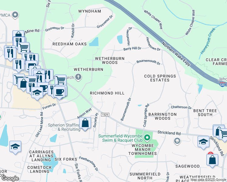 map of restaurants, bars, coffee shops, grocery stores, and more near 8816 Valentine Court in Raleigh