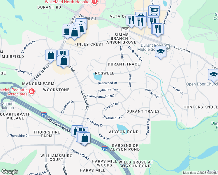 map of restaurants, bars, coffee shops, grocery stores, and more near 8837 Campfire Trail in Raleigh