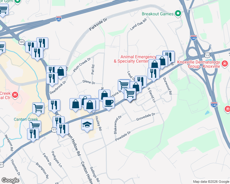 map of restaurants, bars, coffee shops, grocery stores, and more near 10417 Victoria Drive in Knoxville