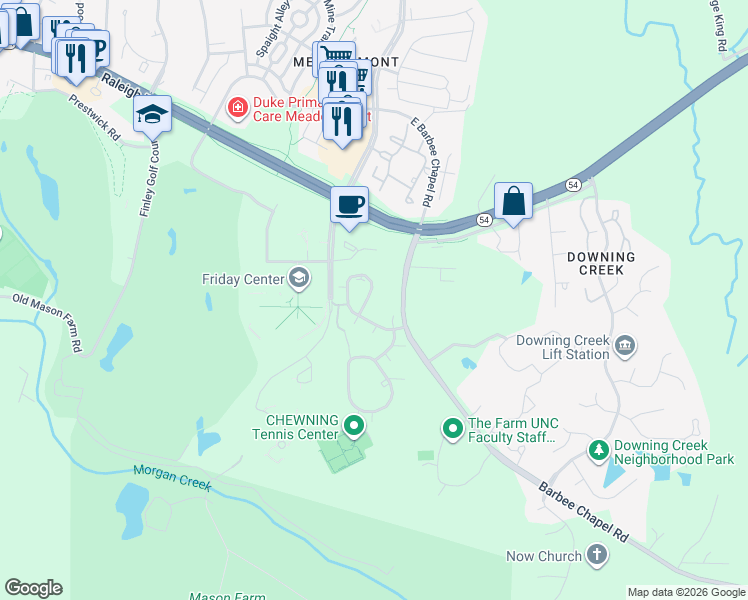 map of restaurants, bars, coffee shops, grocery stores, and more near 109 Brookberry Circle in Chapel Hill