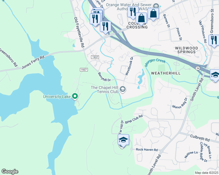 map of restaurants, bars, coffee shops, grocery stores, and more near 341 Rose Walk Lane in Carrboro